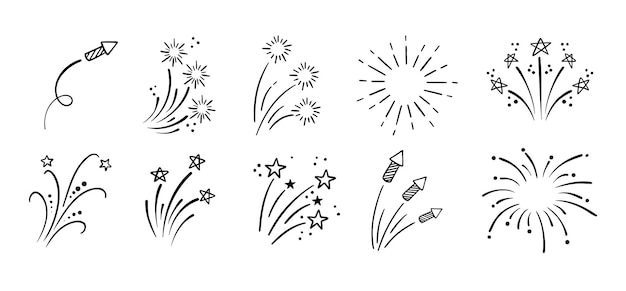 Fuegos artificiales y estrellas dibujado a mano conjunto dibujado dibujado dibujo de fuegos artificiales colección de explosiones vectoriales lineales