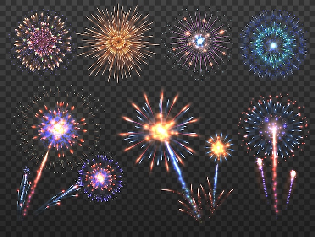 Fuegos artificiales. explosión de fuegos artificiales de vacaciones en la noche, chispas de petardo. feliz año nuevo vector decoración conjunto aislado