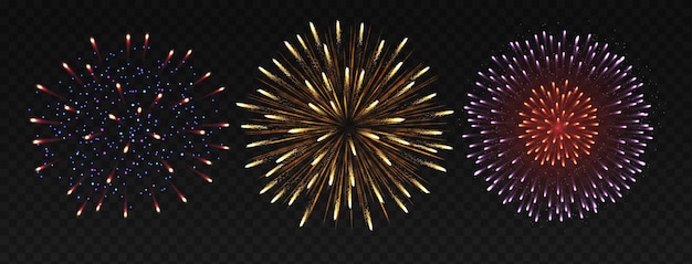 Fuegos artificiales festivos en el cielo nocturno conjunto de ilustraciones realistas