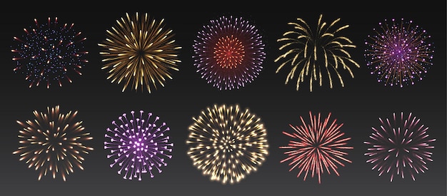 Fuegos artificiales festivos en el cielo nocturno conjunto de ilustraciones realistas