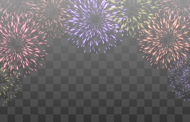 Fuegos artificiales festivos de fin de año con chispas brillantes, vector aislado en el fondo png