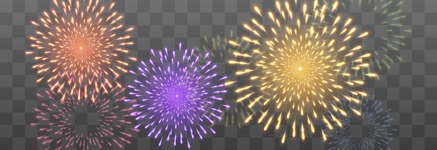 Fuegos artificiales festivos de fin de año con chispas brillantes, vector aislado en png