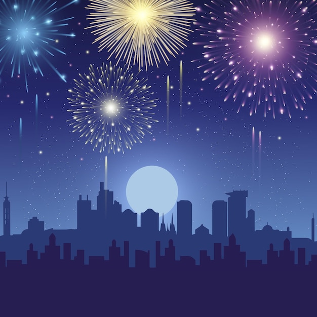 fuegos artificiales con un horizonte de la ciudad y una ciudad en el fondo