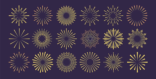 Fuegos artificiales iconos de contorno dorado destello de luz y brillo del sol para celebrar el año nuevo rayos estallantes amanecer fuegos artificiales explosión de estrellas
