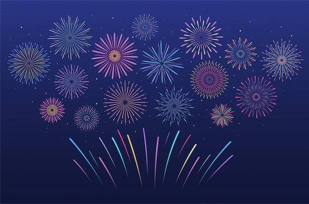 Fuegos artificiales multicolores festivos en diversas formas. Explosión de petardo pirotécnico con estrellas y chispas.