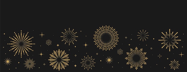 Fuegos artificiales de patrón dorado abstractos en forma de estrella Art Deco en fondo negro con rayos y senderos Conjunto de fuegos artificiales dorado vintage