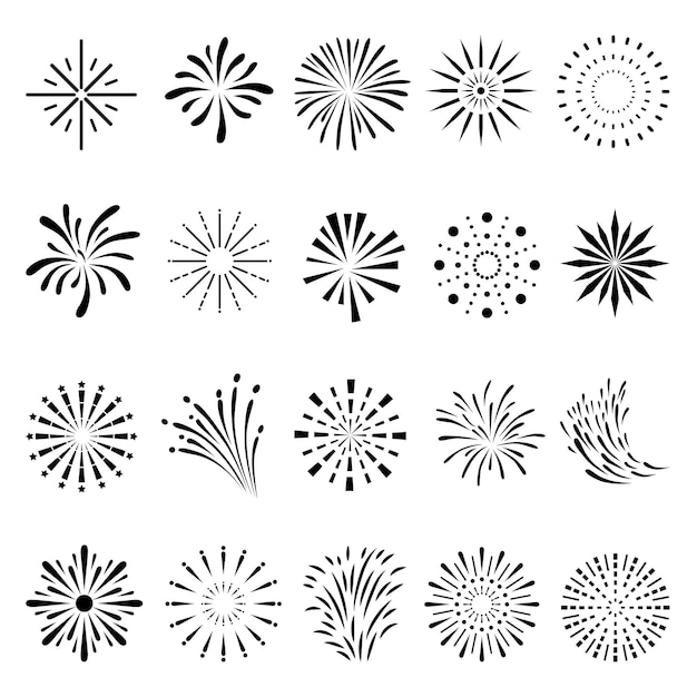 Fuegos artificiales planos clipart negro explosión de fuegos artificiales celebración círculo simple iconos festivos año nuevo carnaval aniversario o elementos graduados vector celebración decoración elemento ilustración