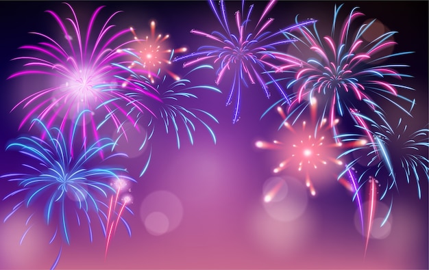 Fuegos artificiales realistas de colores brillantes en un fondo borroso para celebrar un día festivo
