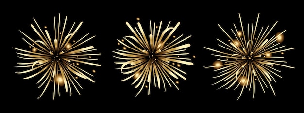 Los fuegos artificiales son dorados sobre un fondo negro un conjunto de fuegos artificiales festivos ilustración vectorial