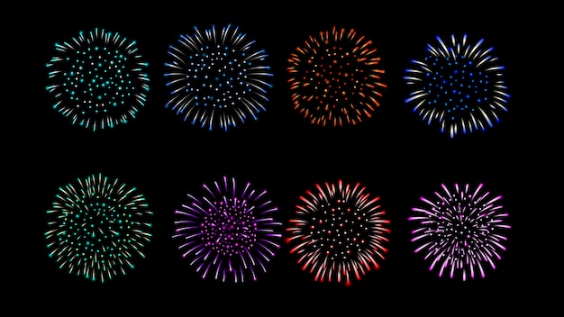 Fuegos artificiales vector colección de múltiples colores.