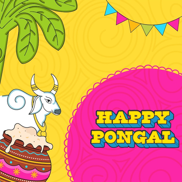 Fuente 3d happy pongal con plato tradicional de animal toro en olla de barro bandera de empavesado de árbol de plátano decorada en fondo de patrón de remolino rosa y amarillo