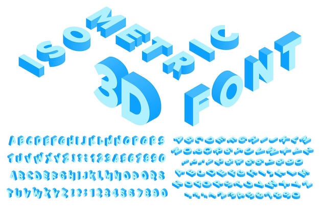 Fuente 3d isométrica. letras del alfabeto en perspectiva, números y signos de puntuación o símbolos. plantilla de isometría abc en inglés o latín. conjunto de letras aisladas. ilustración de vector de tipografía geométrica