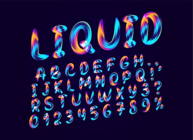 Fuente alfabética de gradiente de líquido de fusión. Letra de colores fluidos. Fuente abstracta del alfabeto inglés suave. Diseño de números 3d signo aislado sobre fondo negro. ilustración vectorial