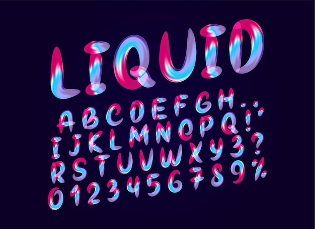 Fuente alfabética de gradiente de líquido de fusión. Letra de colores fluidos. Fuente abstracta del alfabeto inglés suave. Diseño de números 3d signo aislado sobre fondo negro. ilustración vectorial