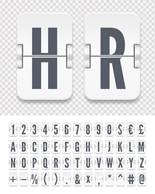 Fuente de alfabeto de marcador mecánico de terminal de aeropuerto blanco con números para destino de salida de vuelo o información de llegada y horario Ilustración vectorial