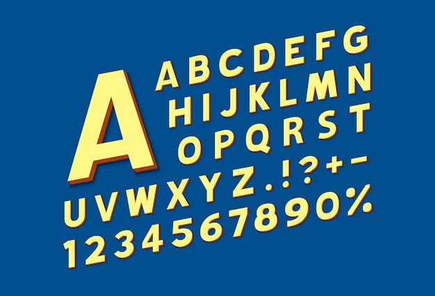 Fuente amarilla 3d letras y números conjunto ilustración vectorial