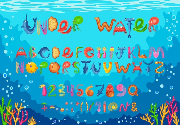 Fuente de animales marinos océano tipo submarino tipografía acuática letras y números del alfabeto marino Vector tipografía abc conjunto hecho de dibujos animados peces y mariscos personajes animales algas corales y conchas marinas
