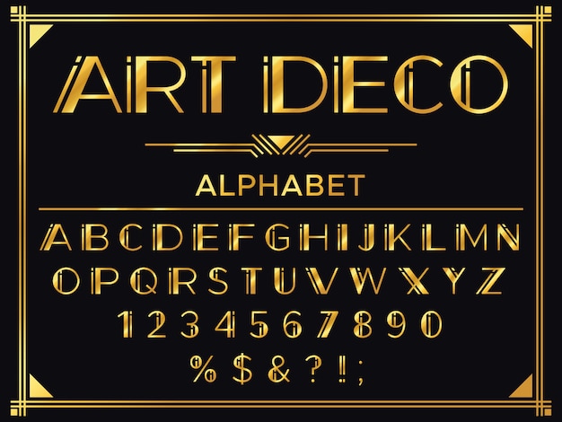 Fuente art deco. Letras decorativas doradas de 1920, tipografía de moda vintage y conjunto de alfabeto de oro viejo