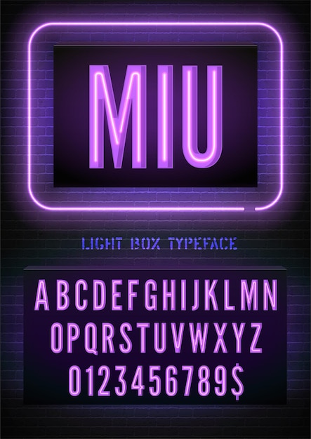 Fuente de brillo de luz de caja nocturna con números Signo de Miu con alfabeto de neón estrecho violeta sobre fondo de pared de ladrillo oscuro Ilustración vectorial