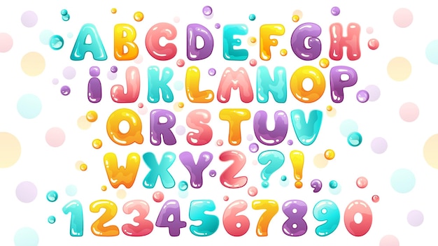 Fuente bubble gum con letras del alfabeto y números ilustración decorativa de dibujos animados vectoriales para el diseño de los niños