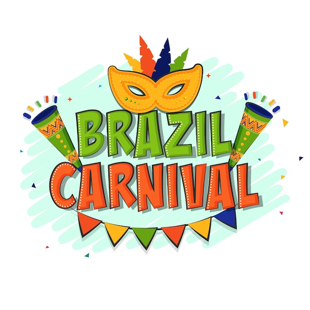 Fuente de carnaval de Brasil con máscara de plumas Vuvuzela Banderas del empavesado en frotis de garabatos turquesa sobre fondo blanco
