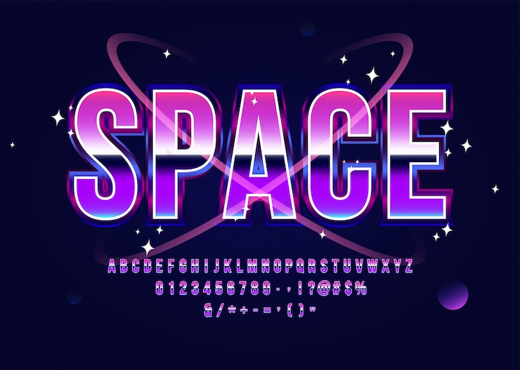 Vector fuente de ciencia ficción de espacio retro alfabeto futurista con planetas y estrellas