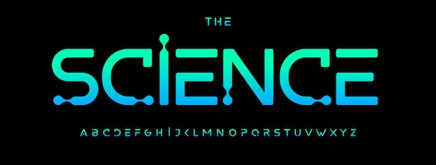 Fuente de ciencia moderna con formas inspiradas en moléculas líquidas y estilo de gradiente azul en fondo oscuro
