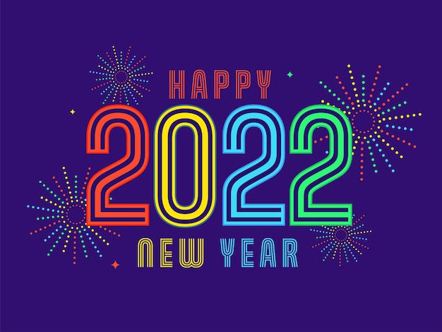 Fuente colorida feliz año nuevo 2022 con fuegos artificiales punteados sobre fondo púrpura.