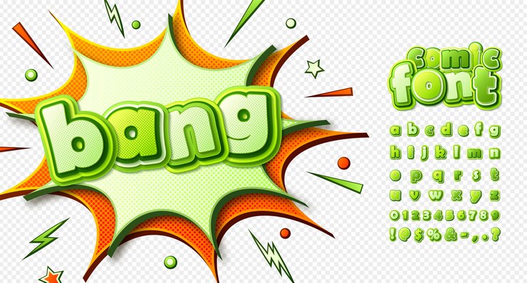 Vector fuente de cómics, alfabeto infantil divertido en estilo pop art. letras verdes multicapa con efecto de semitono sobre fondo transparente