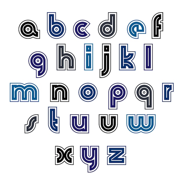 Fuente de contraste con estilo regular. Conjunto de letras minúsculas oscuras distintas. Pequeños caracteres caligráficos vectoriales aislados en fondo blanco.