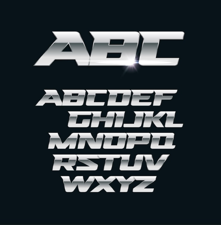 Vector fuente de cromo moderno. letras metálicas, símbolos de estilo de acero pulido. alfabeto geométrico en negrita de aluminio.