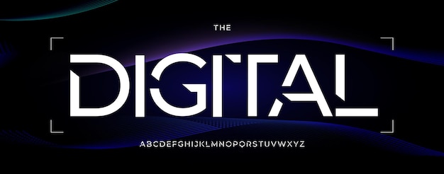 Fuente digital futurista en fondo tecnológico oscuro con líneas de onda de neón en estilo minimalista