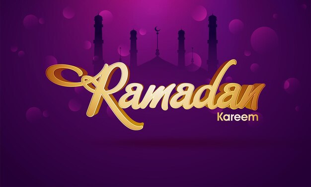 Fuente dorada de Ramadan Kareem y círculos sobre fondo de mezquita de silueta púrpura