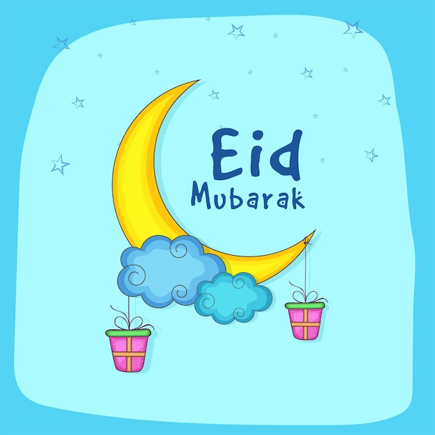 Fuente eid mubarak con cajas de regalo de luna creciente cuelgue estrellas y cajas de regalo sobre fondo azul