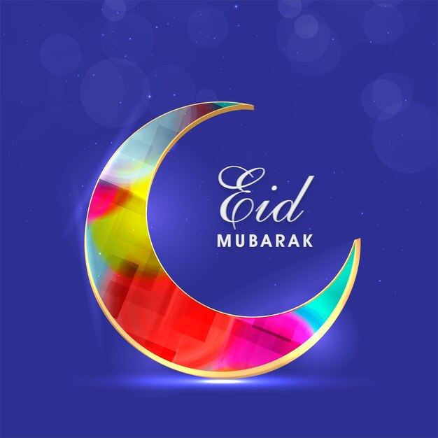 Fuente de eid mubarak con luna creciente de malla colorida sobre fondo azul bokeh