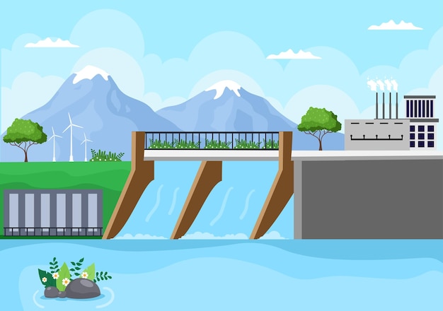 Fuente de energía sostenible ecológica Fondo Vector Ilustración plana Edificios de centrales eléctricas con paneles solares, gas, geotermia, renovables, agua y turbinas eólicas