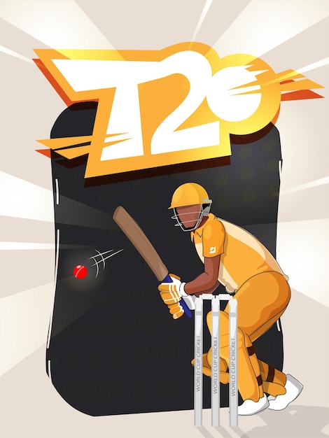 La fuente del estilo t20 de la etiqueta engomada con el bateador de críquet sin rostro golpea la bola en el fondo de los rayos negros y grises y copia el espacio.