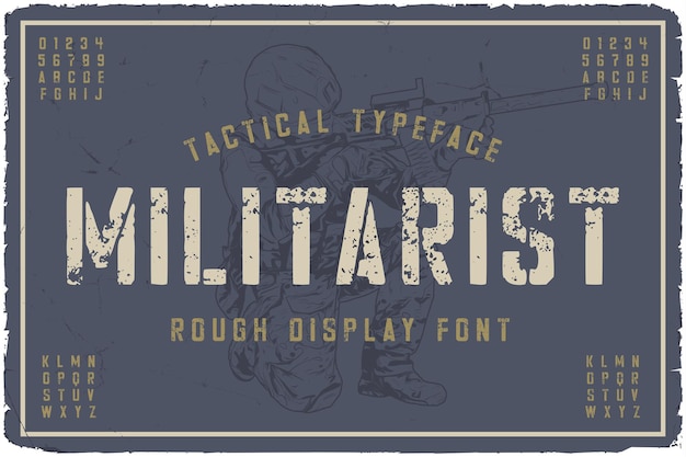 Fuente de etiqueta militar llamada Tipo de letra original militarista para cualquier diseño, como carteles, camisetas, etiquetas de logotipo, etc.