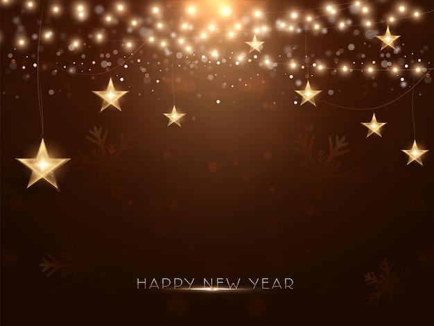 Fuente de feliz año nuevo con estrellas doradas brillantes, guirnalda de iluminación decorada sobre fondo marrón de copos de nieve.