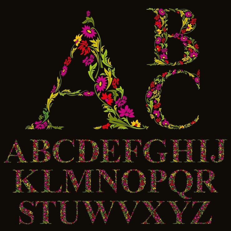 Vector fuente floral hecha con hojas, conjunto de letras del alfabeto natural, diseño vectorial.