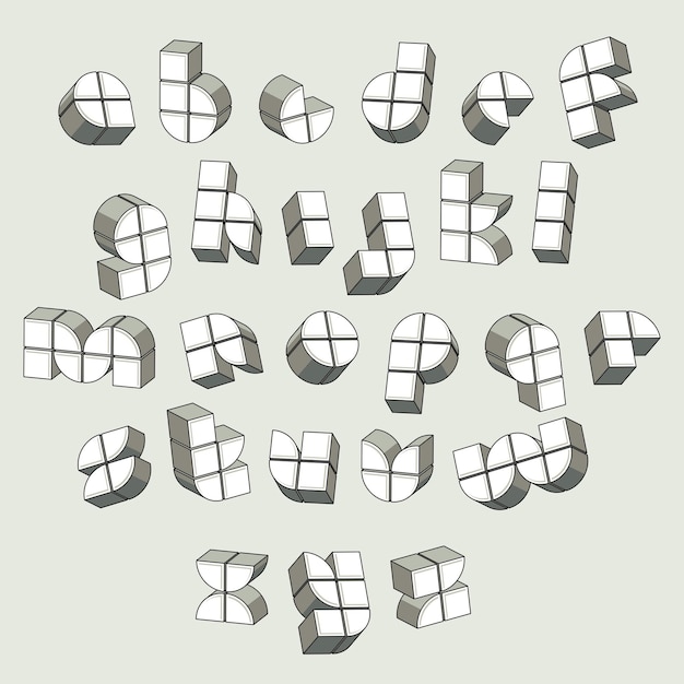 Fuente futurista 3d hecha con cajas, juego de letras dimensionales geométricas, alfabeto monocromático para el diseño.