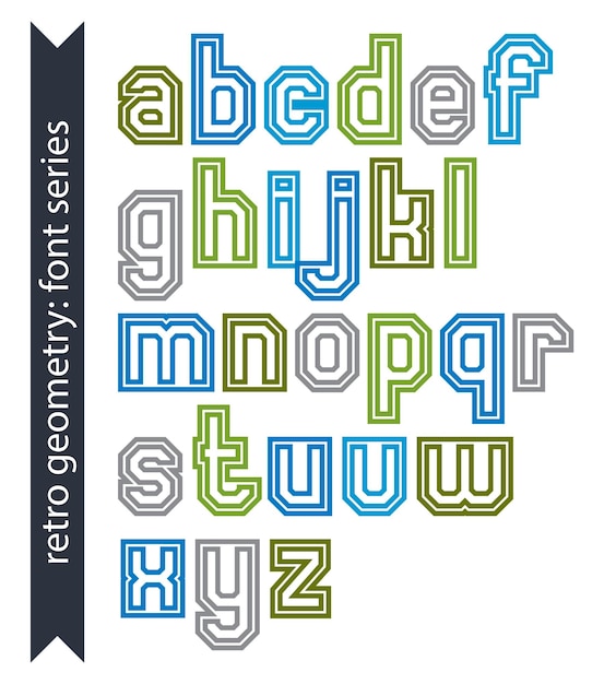 Fuente geométrica de ángulo agudo de líneas dobles con contorno, letras minúsculas coloridas, lo mejor para usar en carteles y diseño web.
