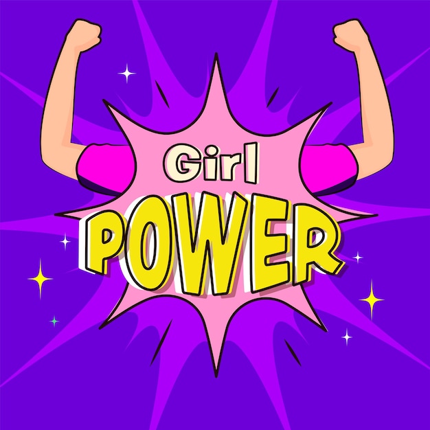 Fuente Girl Power sobre burbuja cómica con mujeres mostrando fuertes brazos sobre fondo púrpura.