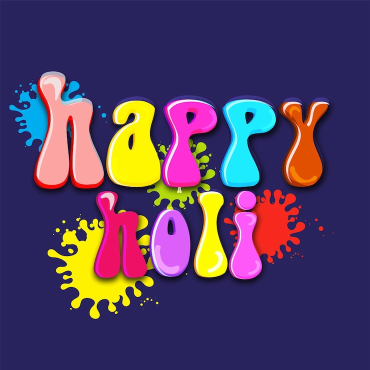 Vector fuente happy holi colorida brillante con efecto de salpicadura de color sobre fondo azul