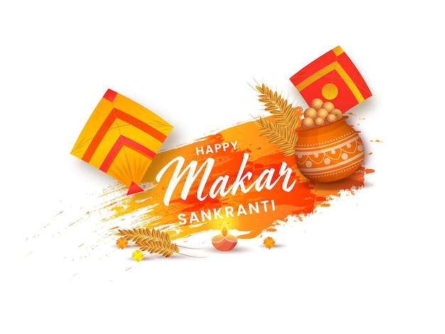 Fuente happy makar sankranti con bolas dulces de sésamo (laddu) en olla de barro, espiga de trigo, cometas, lámpara de aceite encendida y efecto de pincel naranja sobre fondo blanco.