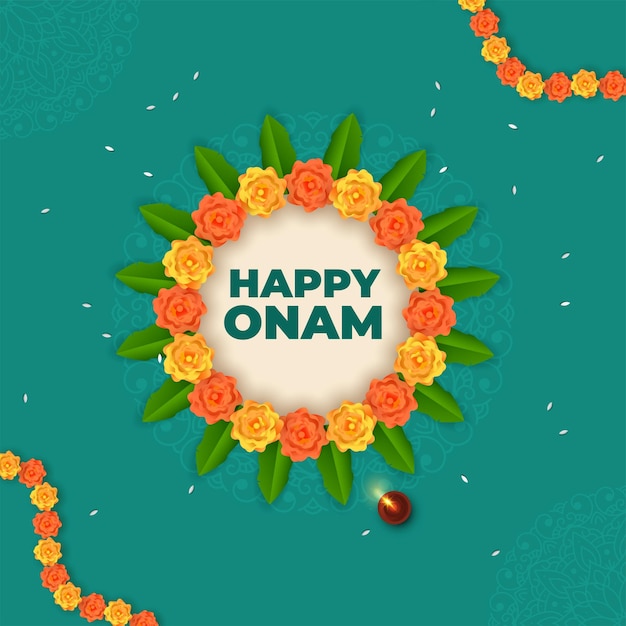 Fuente Happy Onam sobre marco circular hecho por flores de caléndula hojas de mango lámpara de aceite encendida Diya sobre fondo de mandala verde azulado