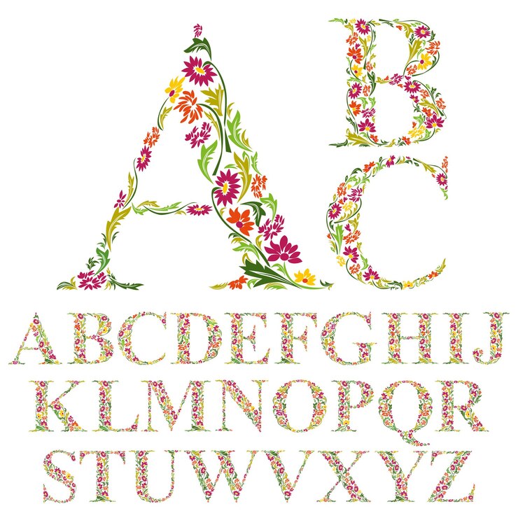 Vector fuente hecha con hojas, juego de letras del alfabeto floral, diseño vectorial.