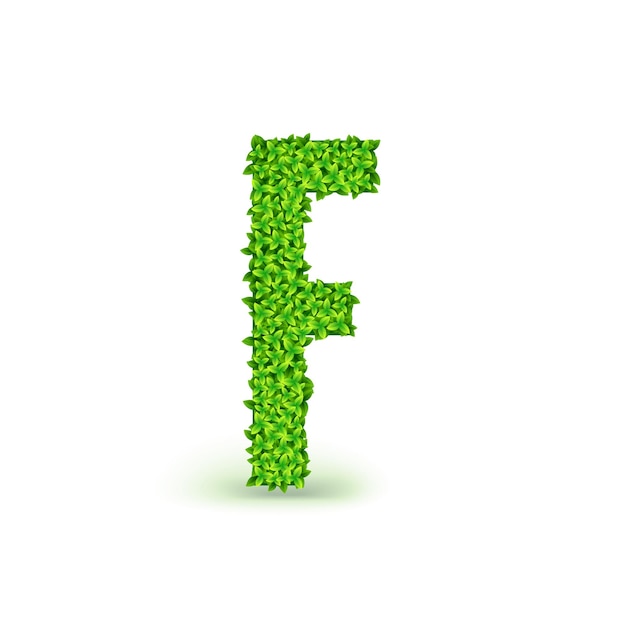 Fuente de hojas verdes. Letra mayúscula F que consta de hojas verdes, ilustración vectorial.