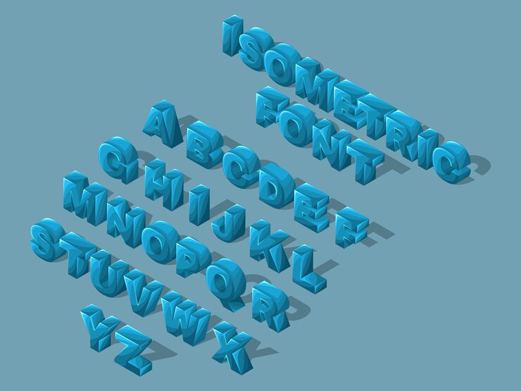 Vector fuente isométrica de dibujos animados, letras, brillante conjunto grande de letras azules del alfabeto inglés para crear ilustraciones