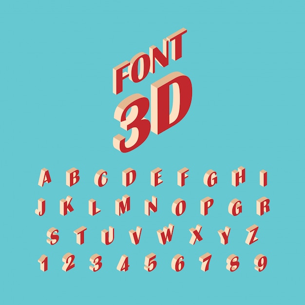 Fuente isométrica de vector Conjunto de letras y números aislados en azul.